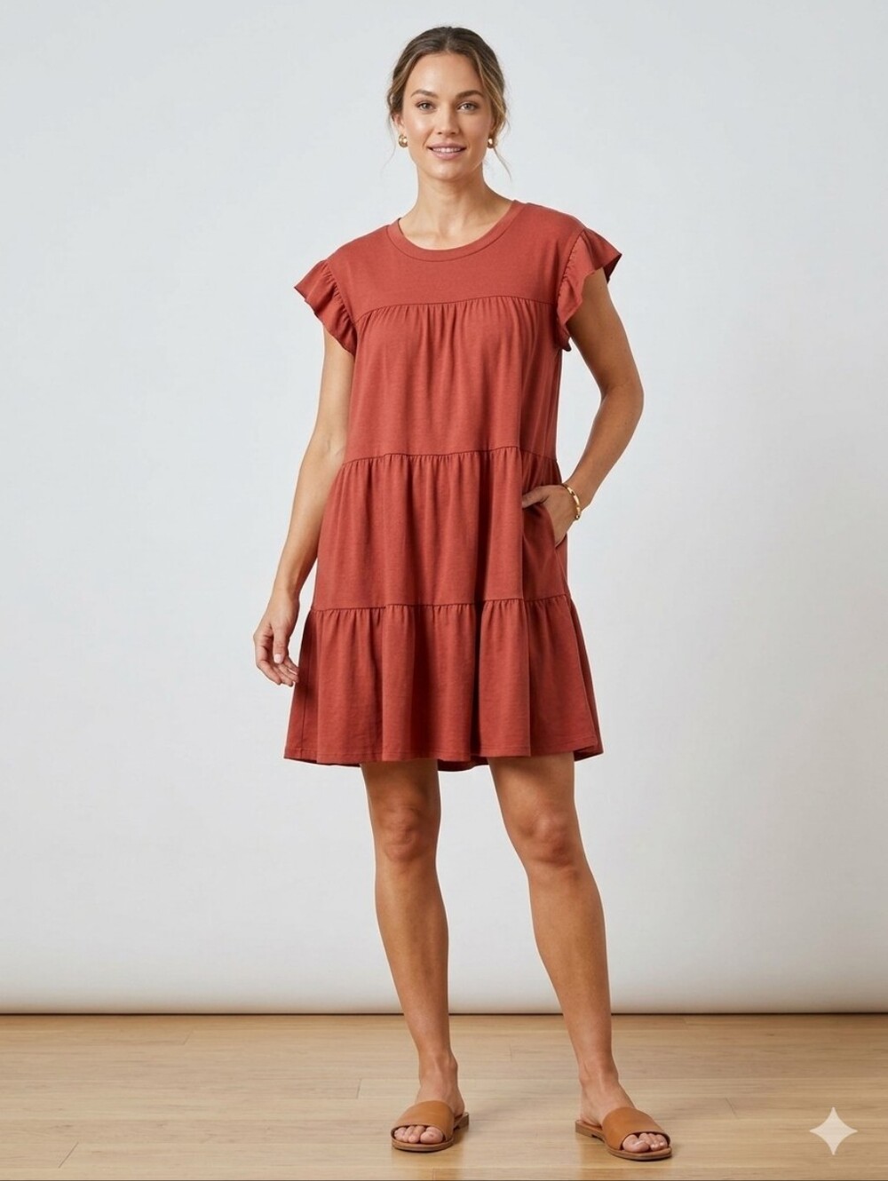 Entro Terracotta Ruffle Sleeve Tiered Mini Dress